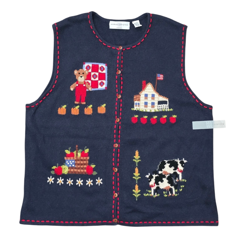 *VTG/NWT* MARISA CHRISTINA Farm Apple Sweater Vest, Cow Sweater Vest (2 HOLES)